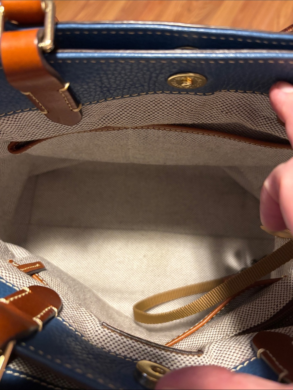 Dooney & Bourke Blue Pebbled Leather Satchel with Brown Trim and Wristlet - Picture 15 of 16